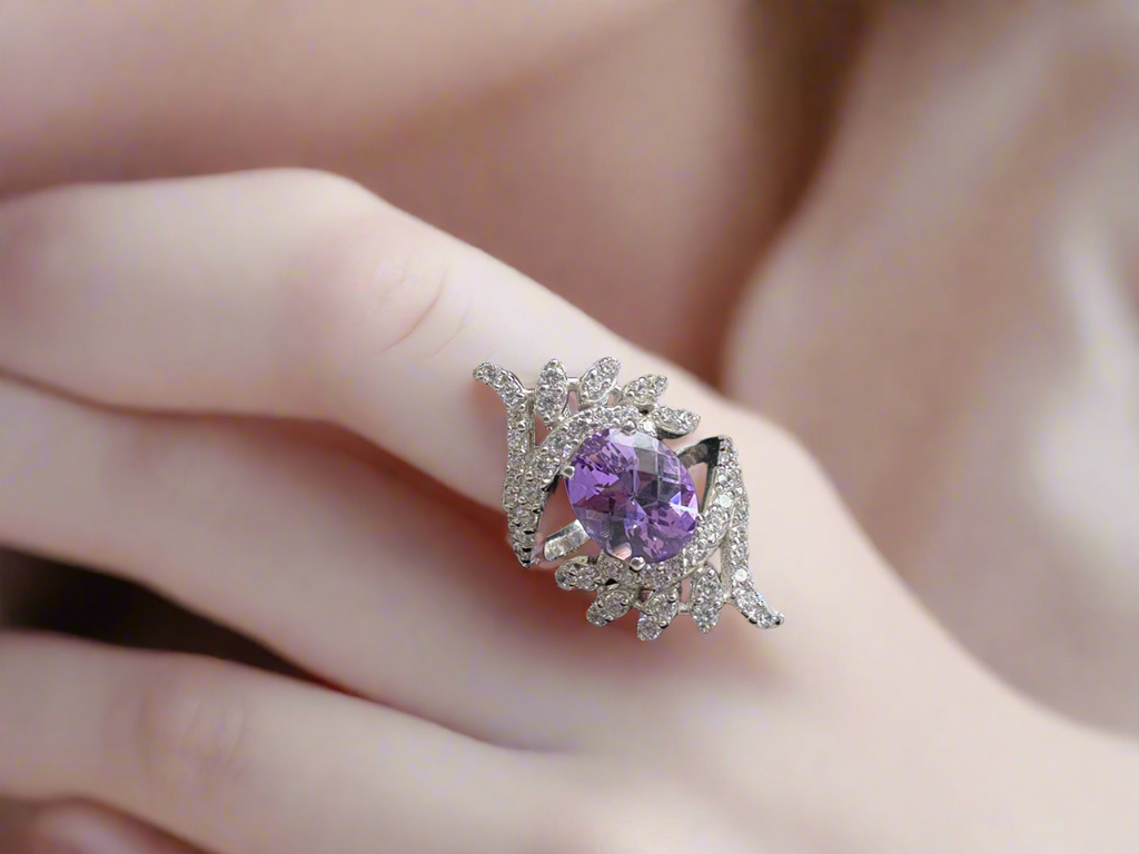 Blue Amethyst Ring with CZ Diamonds
