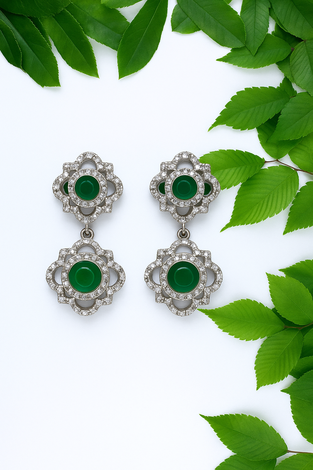 Green Onyx & CZ Silver Earrings – Bold & Elegant