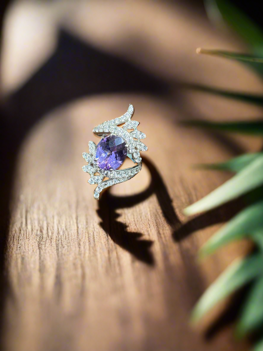 Blue Amethyst Ring with CZ Diamonds